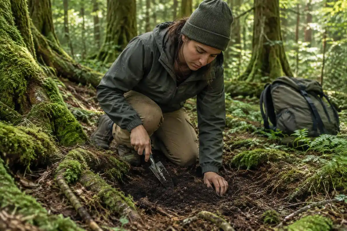 A hiker digging a small cat hole with a trowel in forest soil