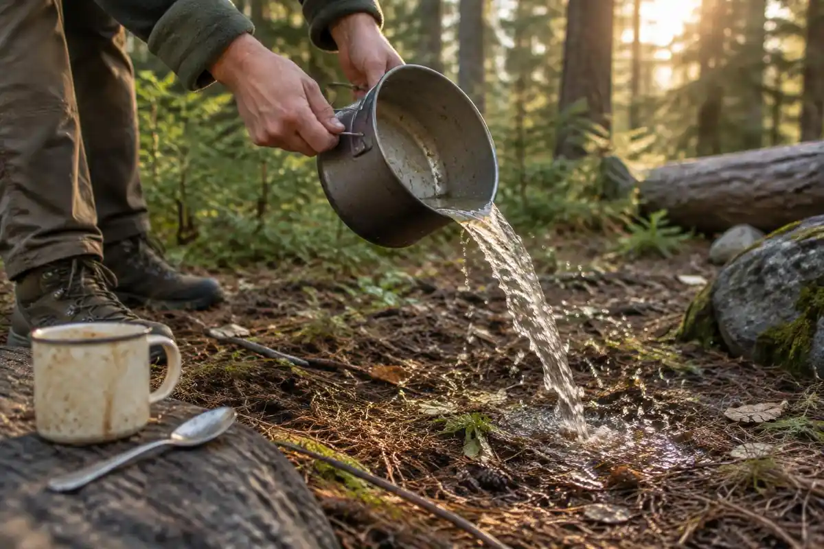 Hands scattering strained dishwater broadly across dry ground