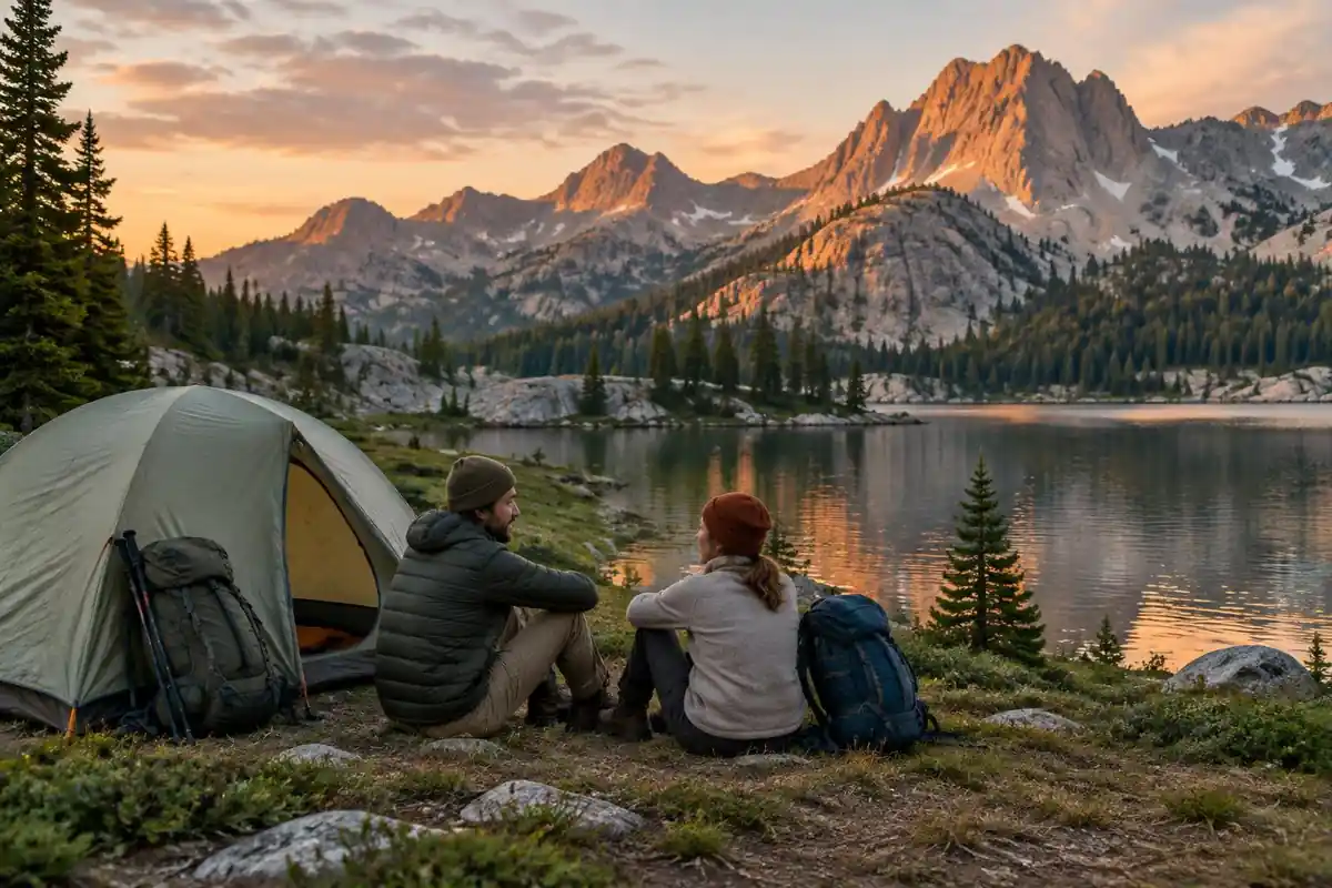 A two-person tent pitched by a mountain lake in evening light with two backpackers relaxing