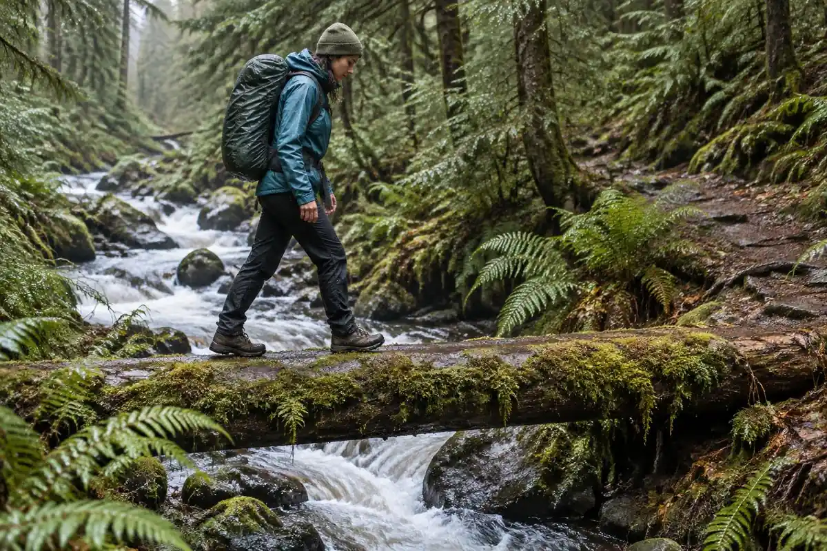 A backpacker in rain cover crossing a log footbridge on a forested trail