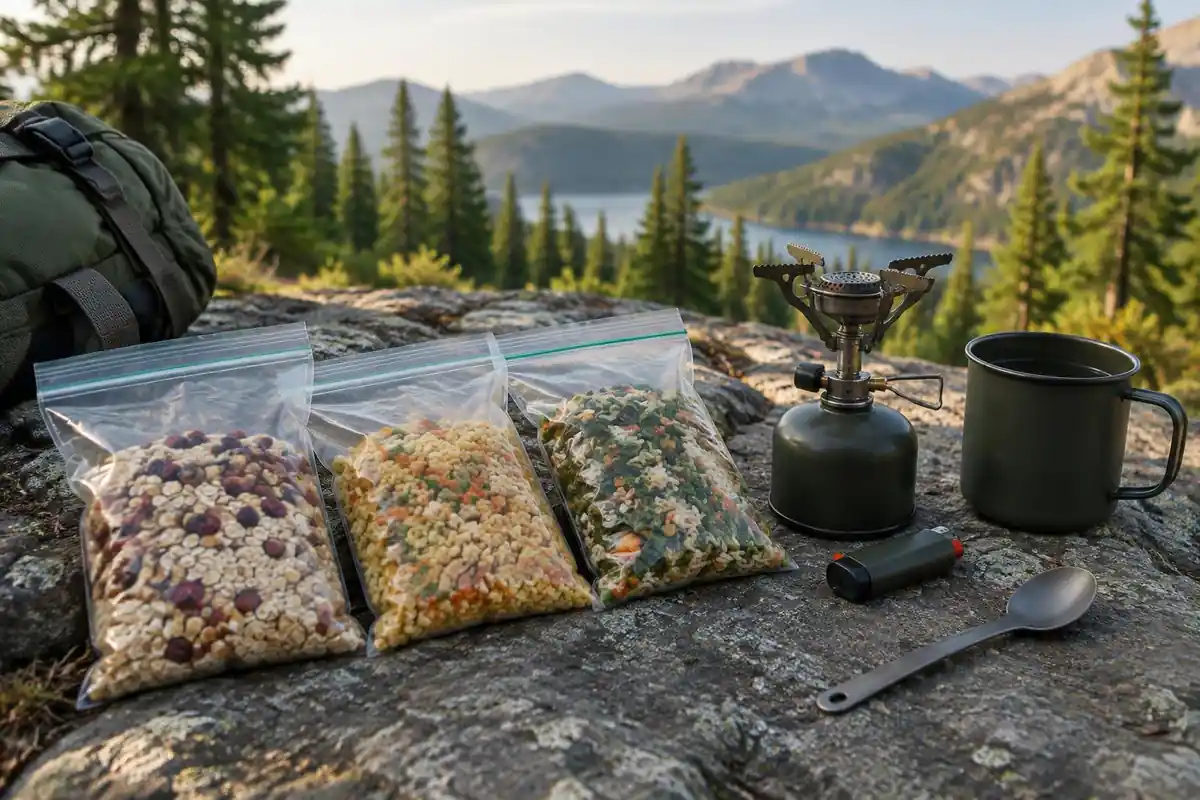 Three days of food in labelled bags laid out with a small stove