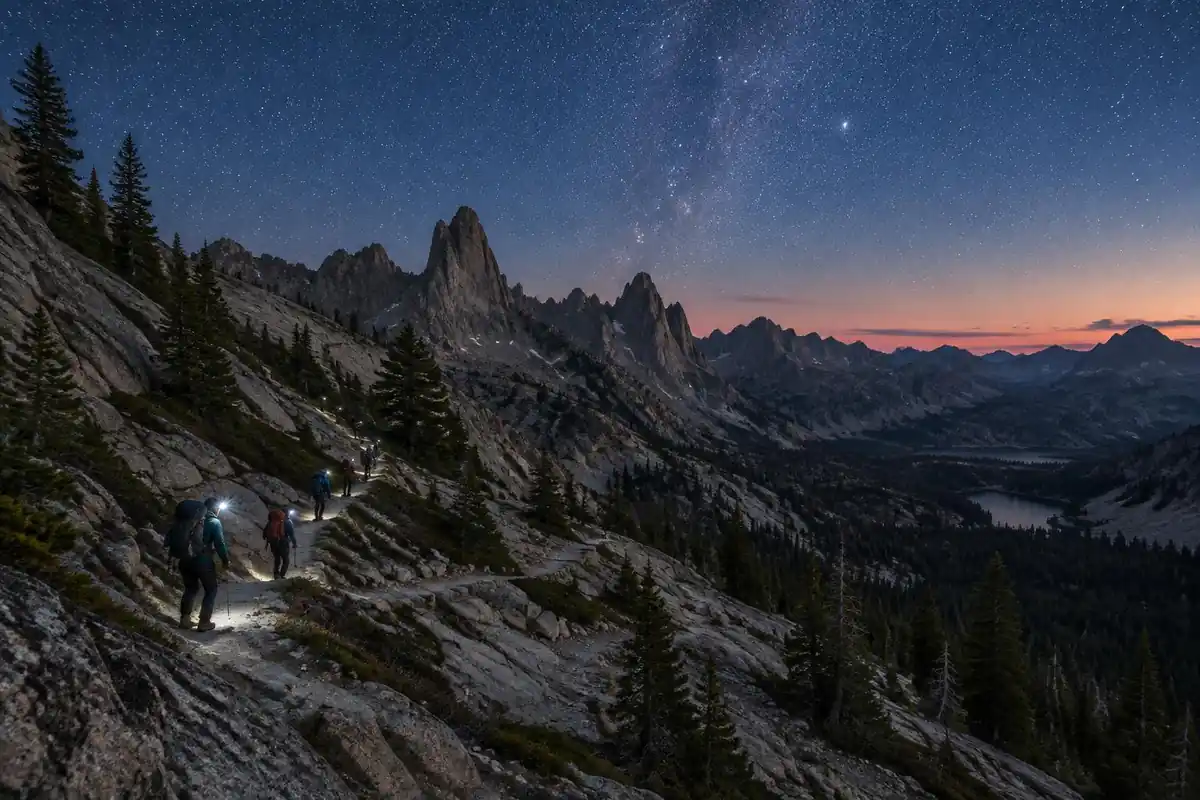Predawn headlamp line climbing a granite switchback under a star-filled sky