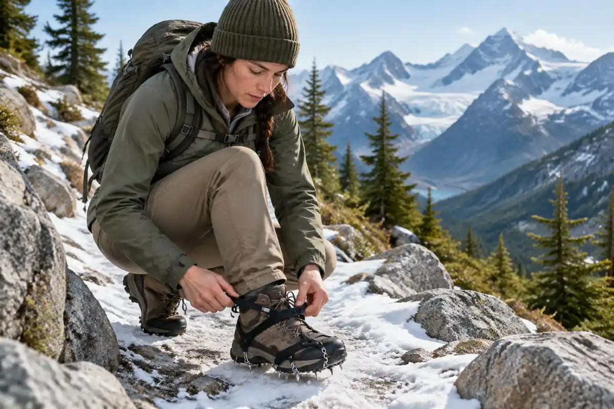 Hiker fitting lightweight traction spikes over boots on a snow patch