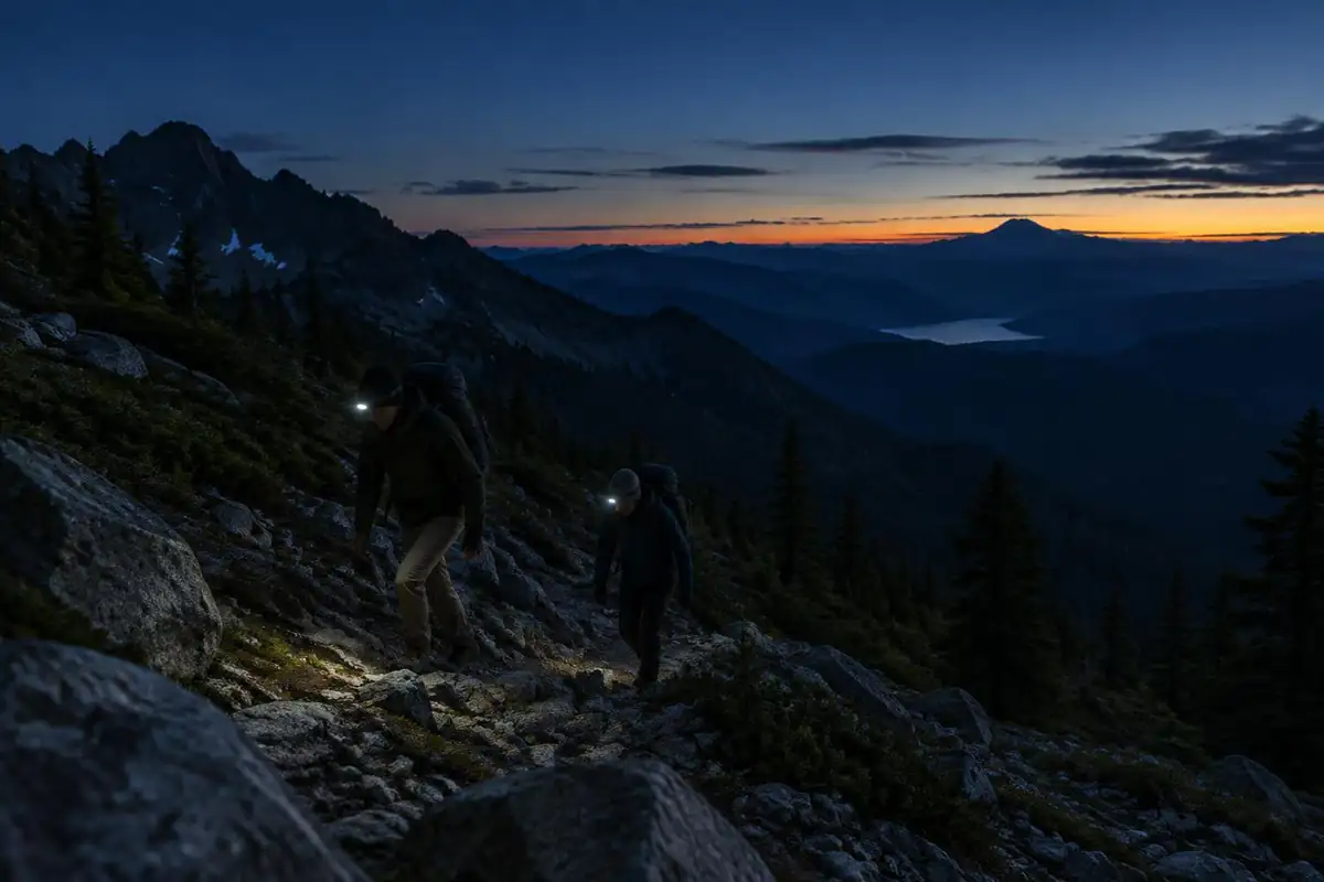 A pair of hikers with glowing headlamps climbing a dark mountain path before dawn
