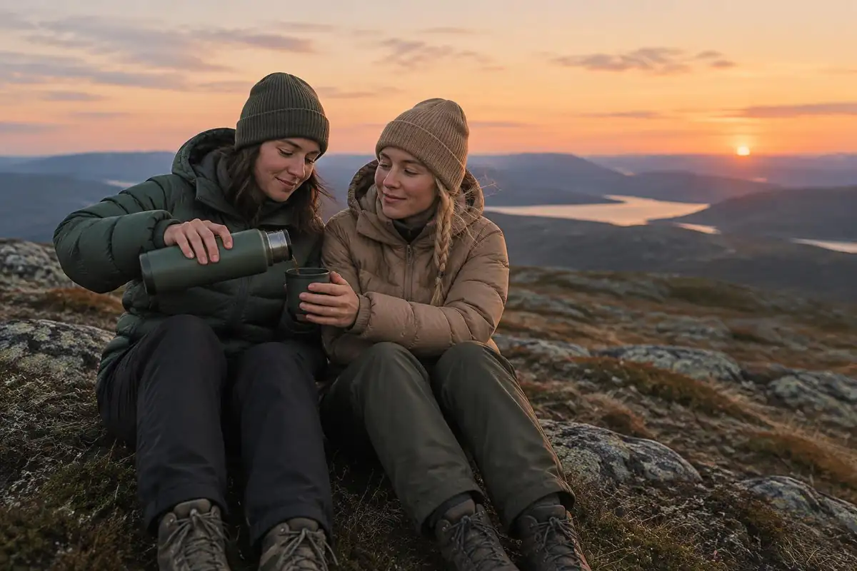 Two friends in puffy jackets share a thermos on a bare summit at sunrise