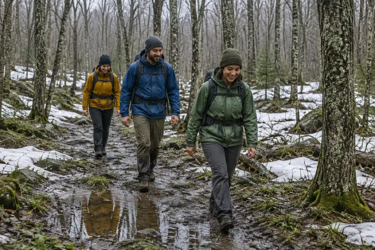 Hikers on a soft spring trail with patches of old snow and puddles in bare woods