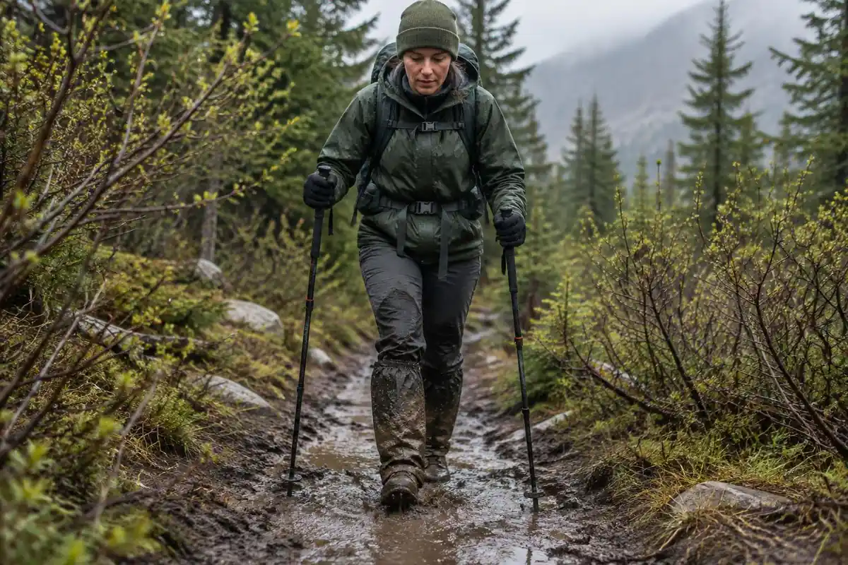 A hiker steps straight through a muddy patch on the trail centre using poles