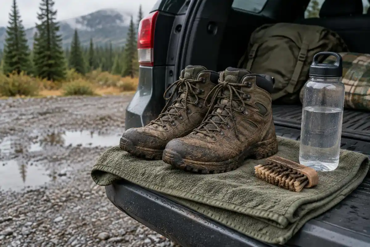 A boot brush and wet muddy boots at the back of a car