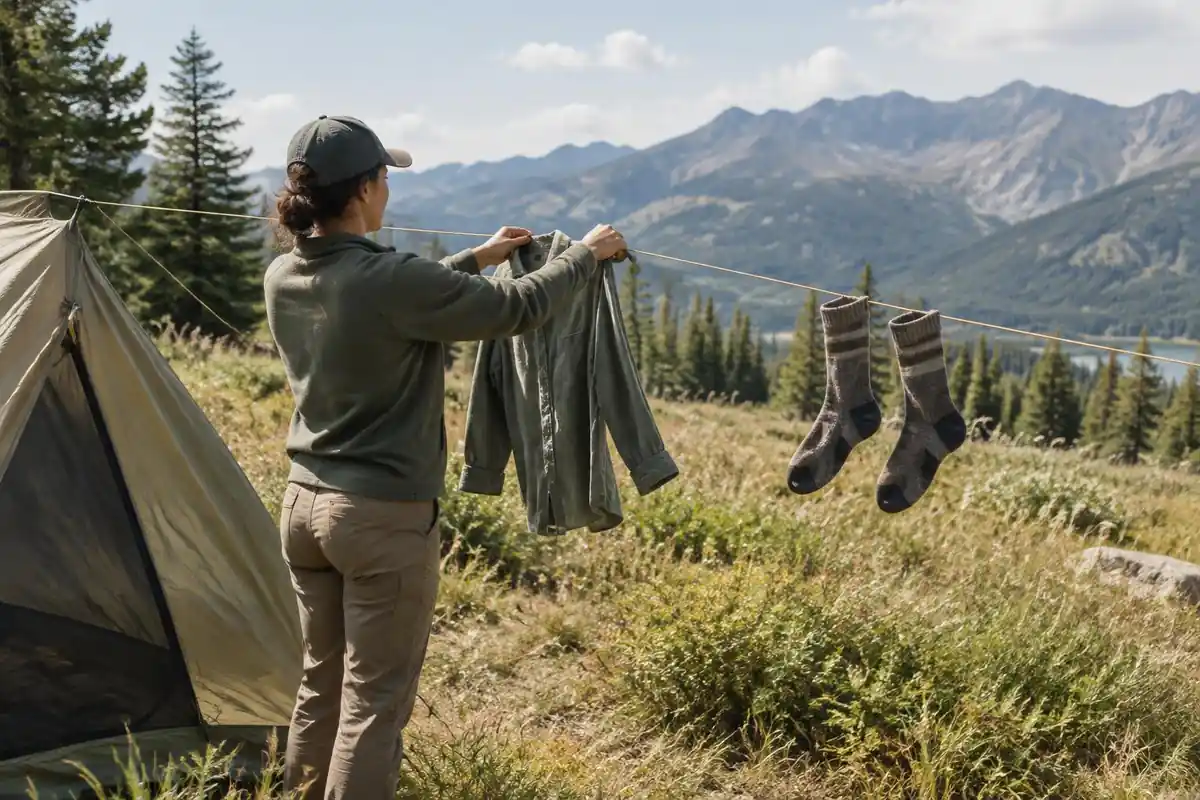 Hiker hanging damp clothes on a tent guyline at midday rest