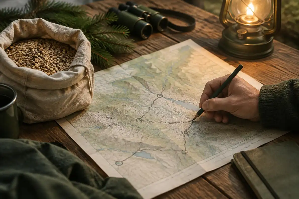 Bag of resupply food beside a map annotated with pencil lines