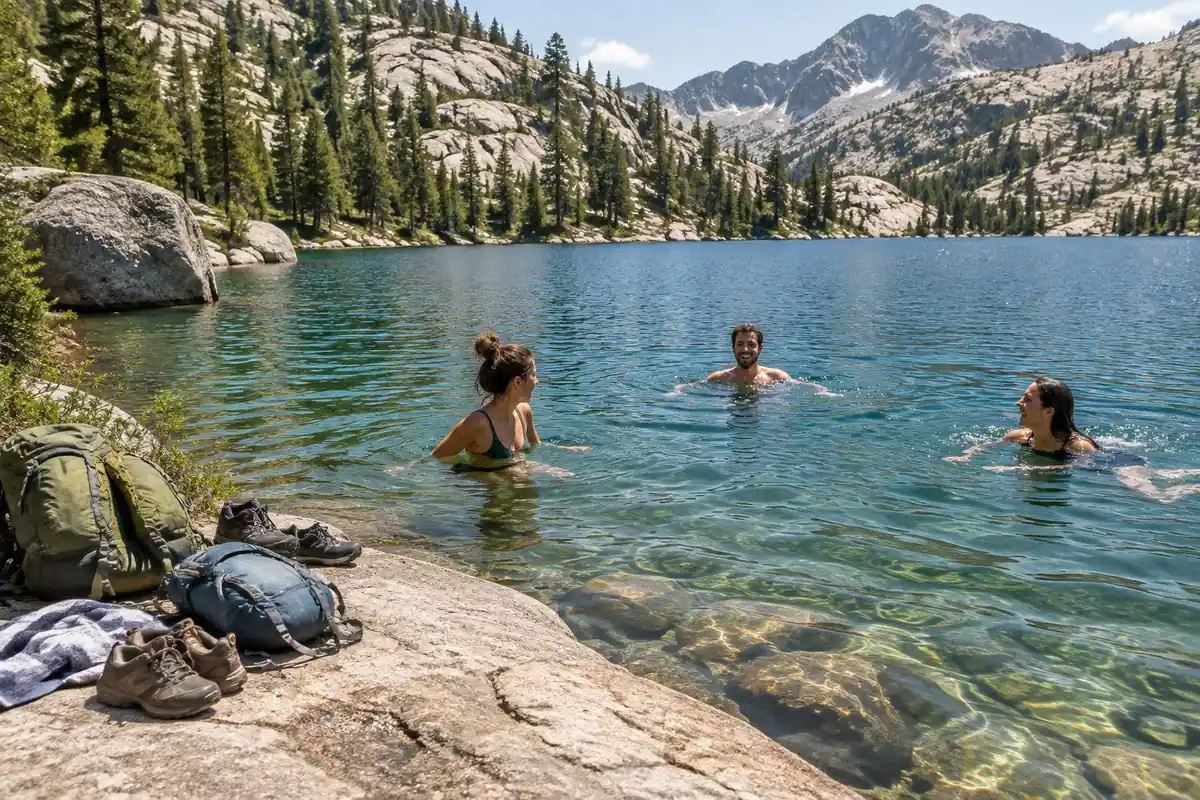 A group swims in a clear mountain lake beside a rock slab, packs left on shore