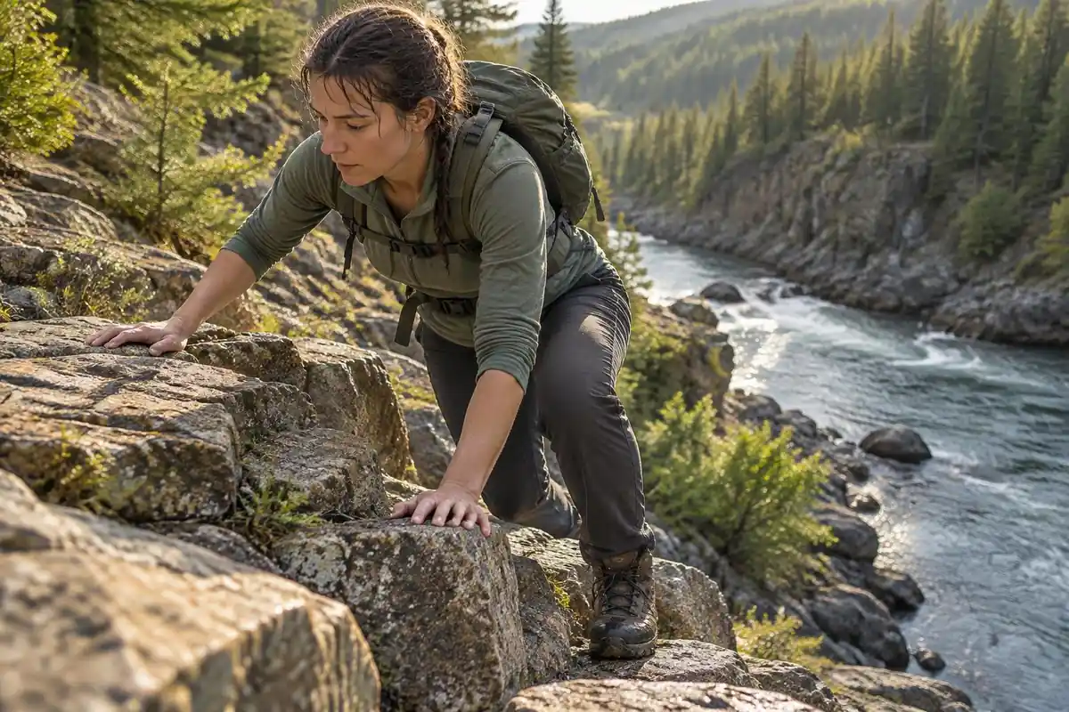 A hiker scrambles up a low rock step using both hands with a snug pack