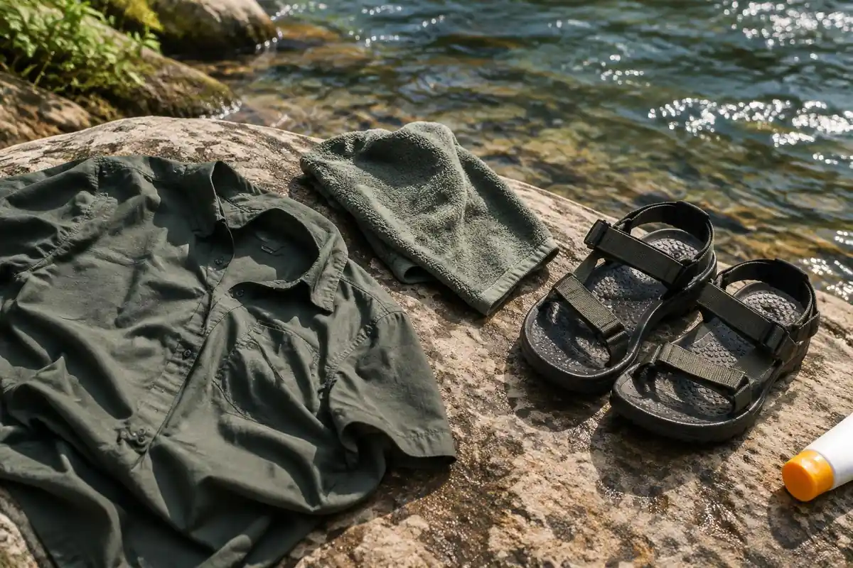 A towel and quick-dry shirt spread out on a hot boulder next to sandals