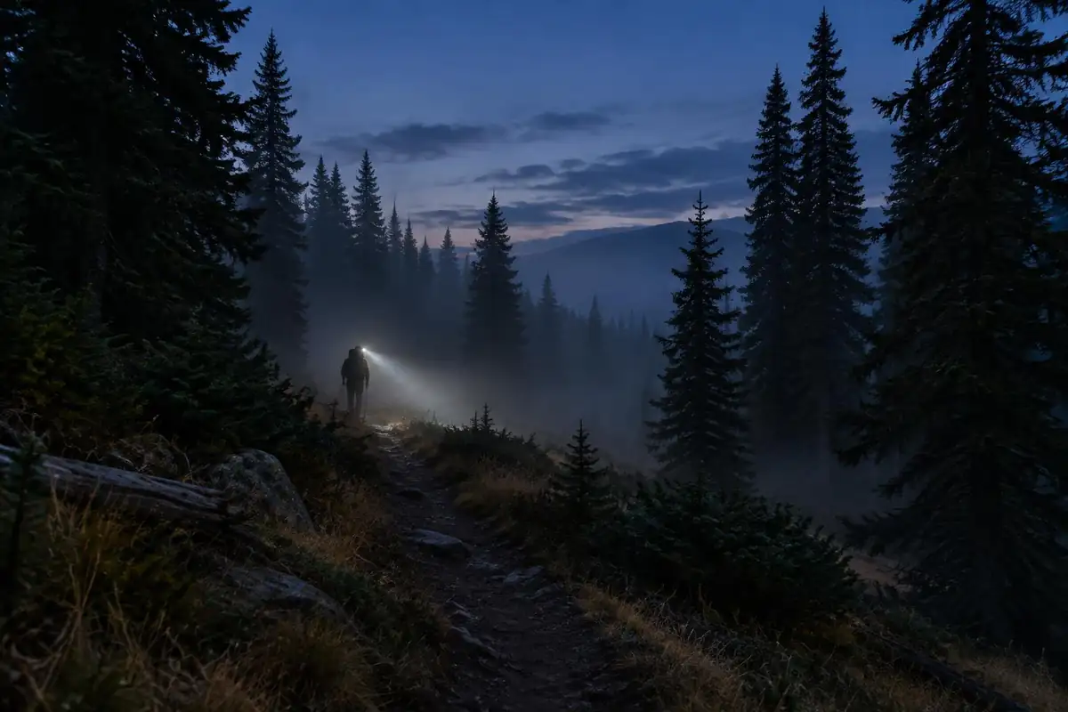 Dusk forest trail where a hiker's headlamp beam lights fog and the last blue sky