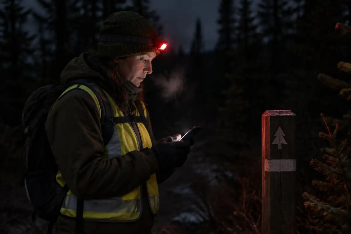 Hiker with reflective strap checking a phone map by red light at a trail marker post