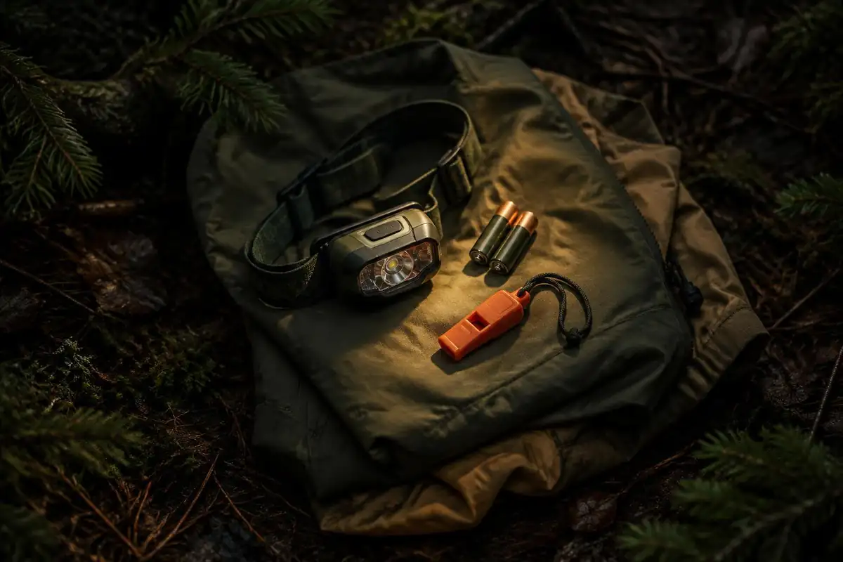 Spare headlamp, batteries and whistle laid on a folded jacket in the dark