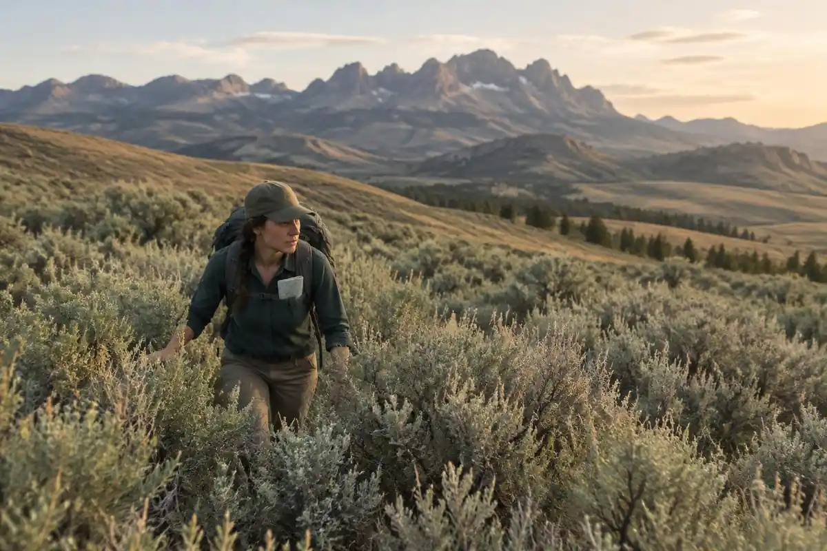 A hiker pushing through waist-high scrub on a sagebrush slope with no visible trail