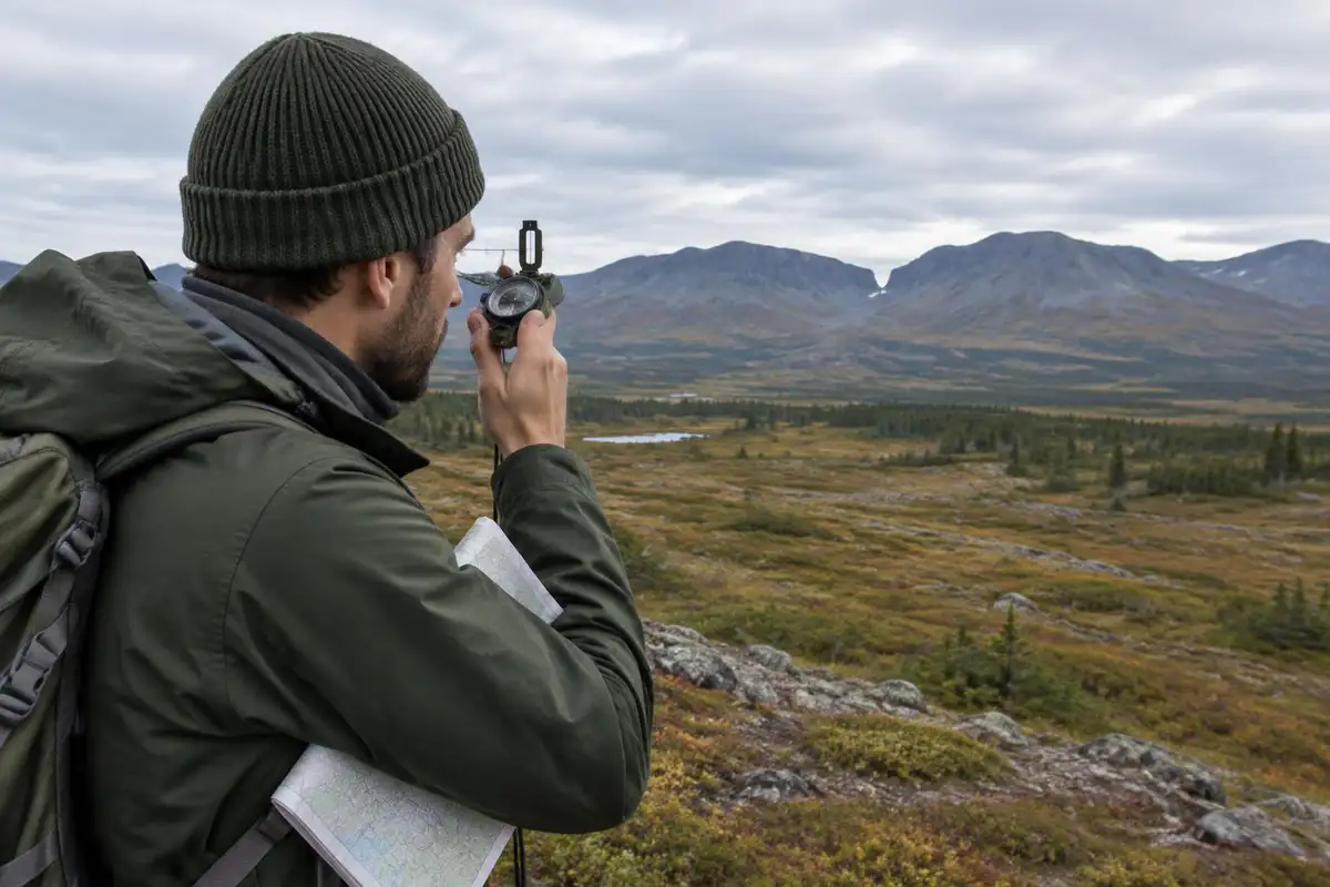 A hiker sights along a compass toward a distant notch in a ridgeline