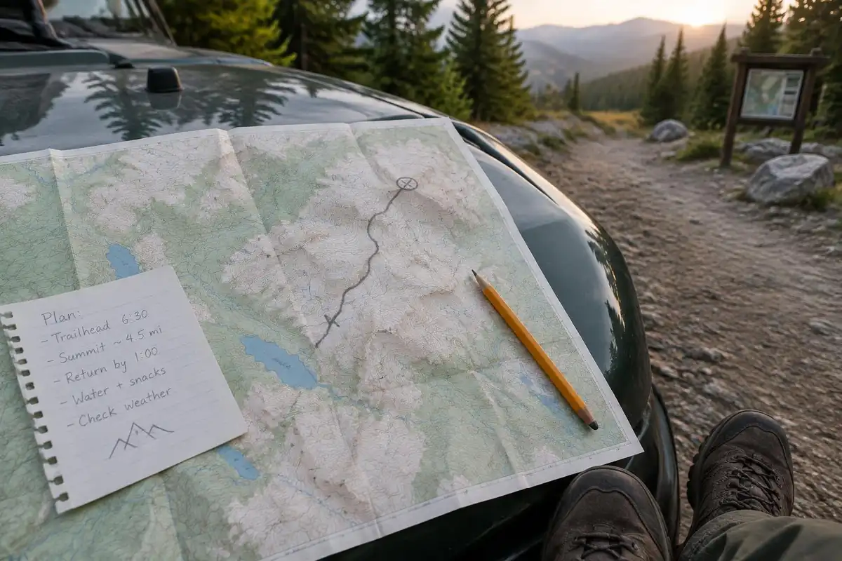 Paper topo map with a pencil-marked route and handwritten trip note on a vehicle hood