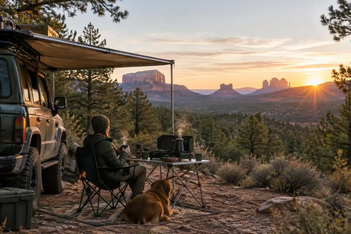 A camp kitchen table beside an off-road vehicle under an awning at sunrise