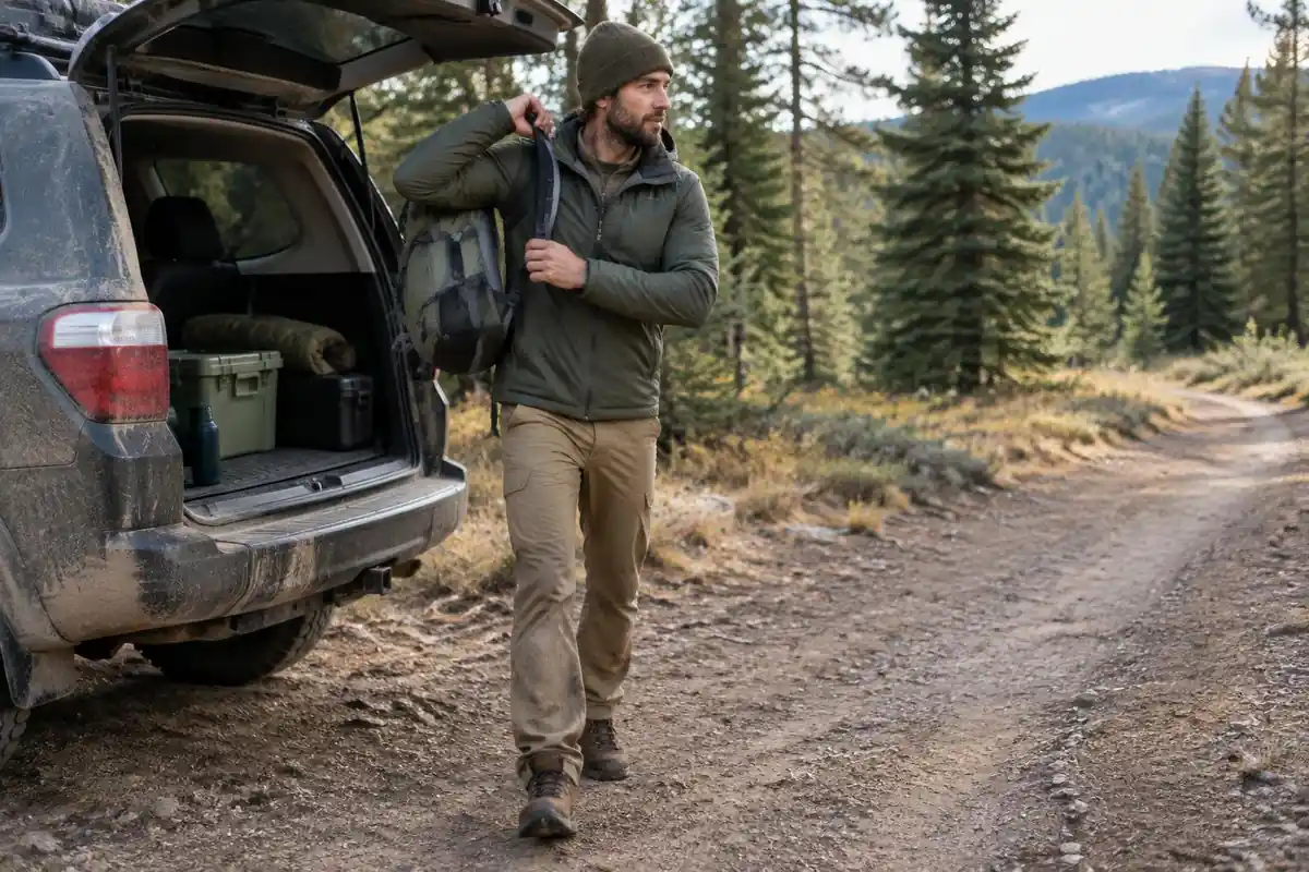 A hiker grabs a small daypack from a vehicle's rear cargo area before heading out