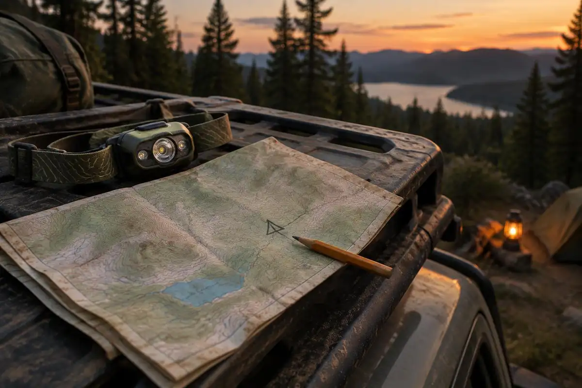 A headlamp and a map with a marked pin on the vehicle roof at dusk