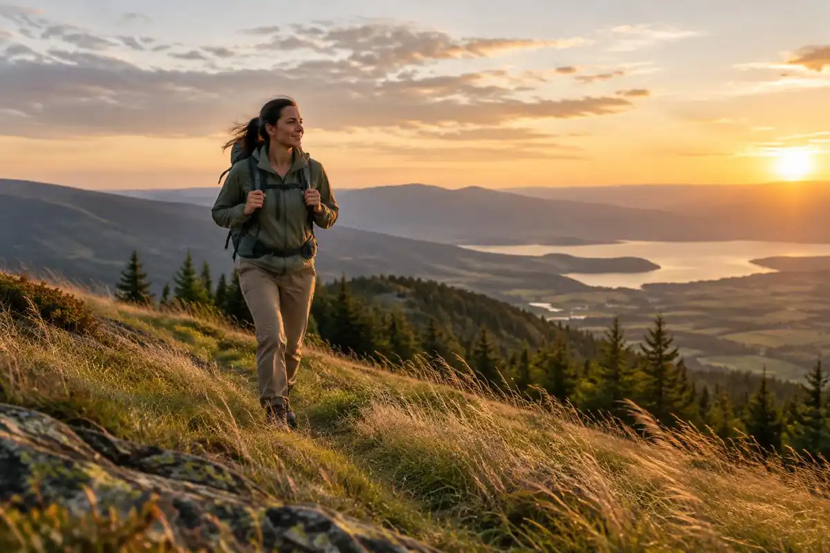 Solo hiker cresting a hill with an overnight pack in late sun