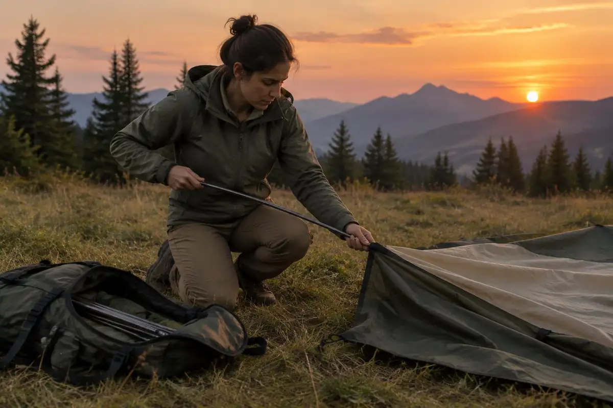 Hiker pitching a small tent alone on a grassy flat