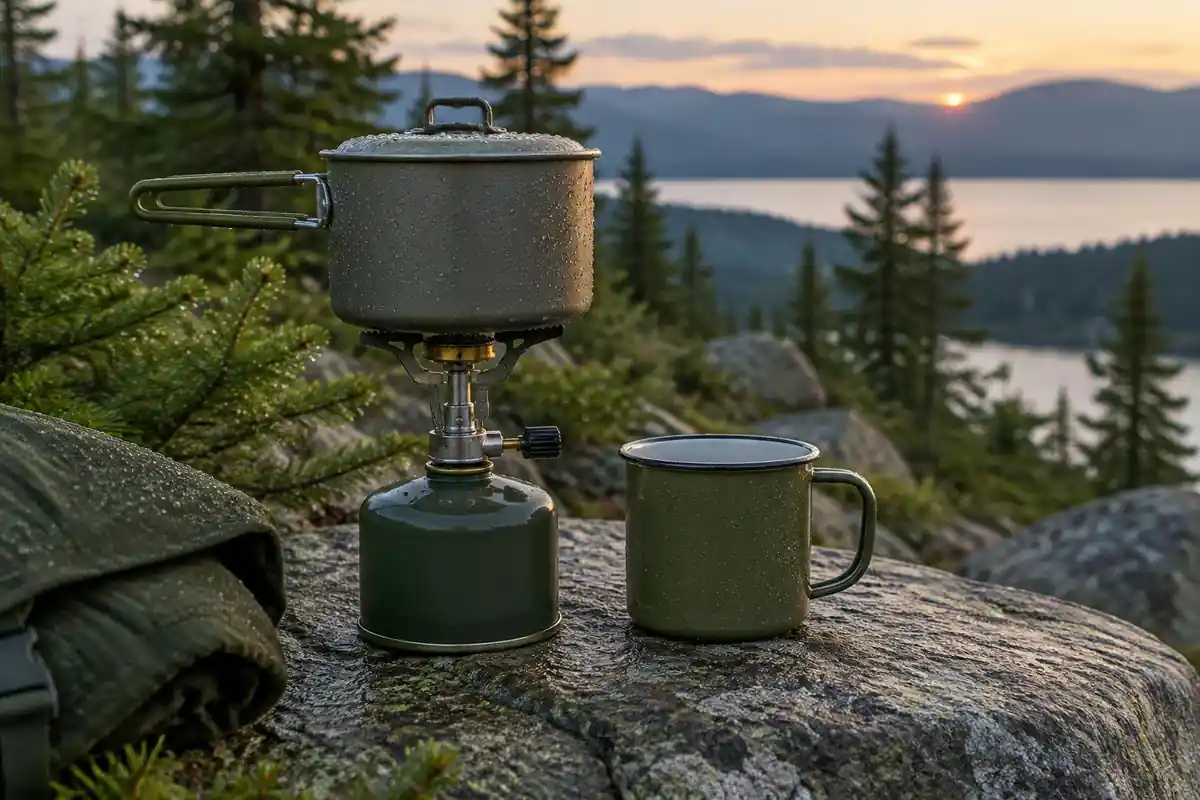 Compact kitchen kit of a stove, pot and mug on a flat stone
