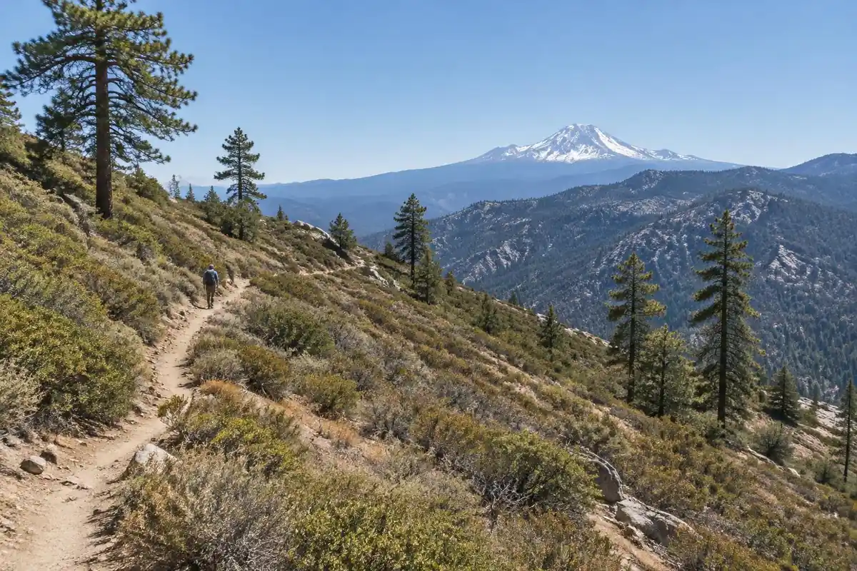 Desert ridge trail with a distant snow peak and sparse pines under bright sun