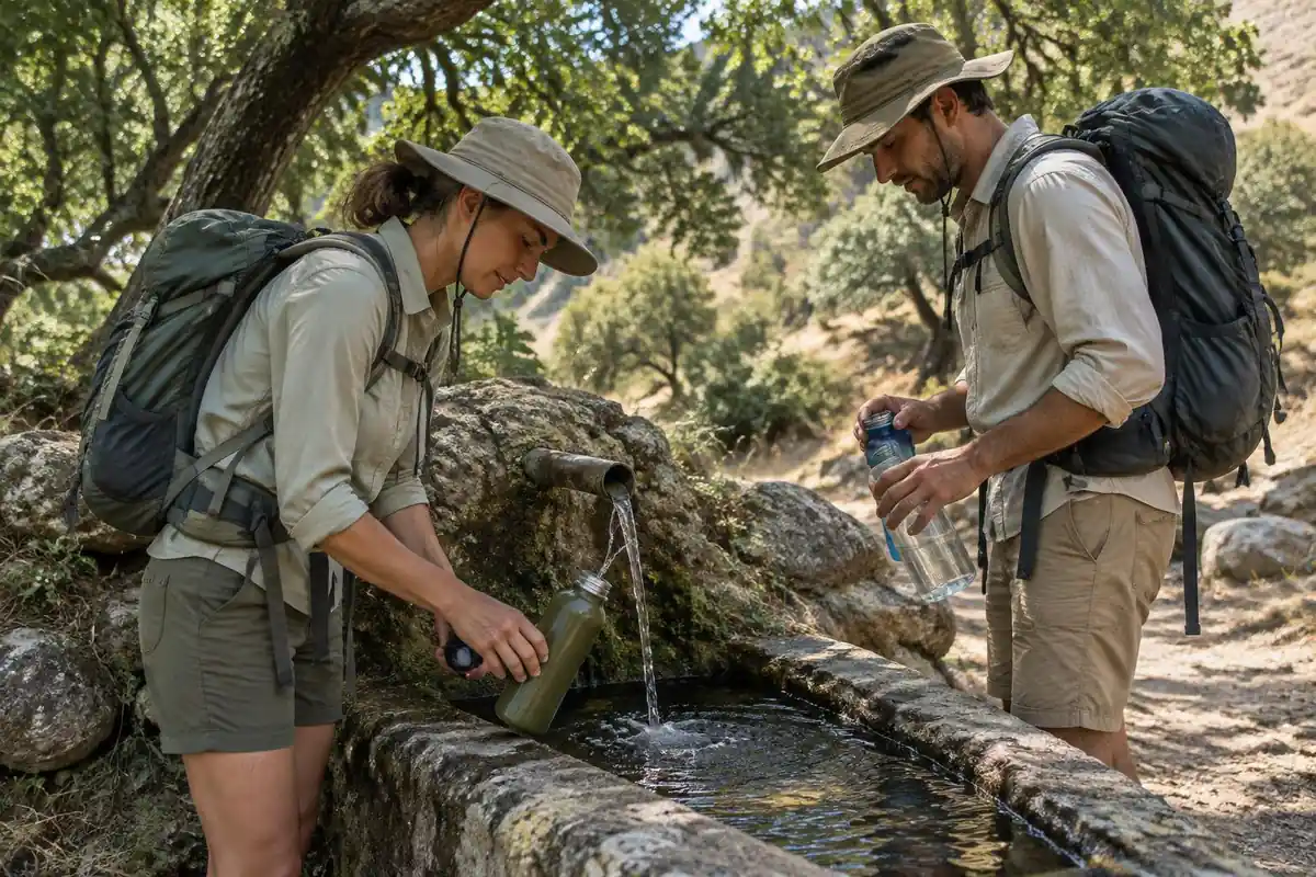 Hikers loading extra bottles at a small spring by a wooden cattle trough