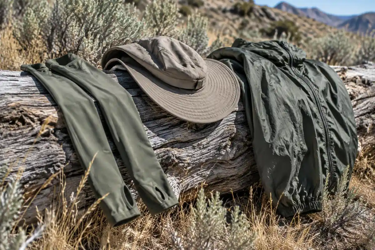Sun sleeves, wide hat and a folded windbreaker on a dry log