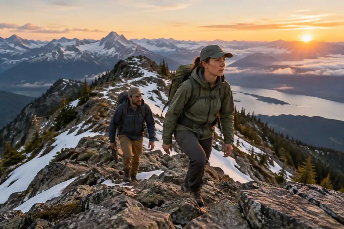 Climber-hikers approaching a summit ridge at sunrise with alpine layers