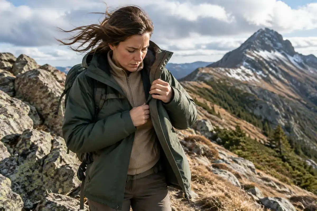 Hiker pulling on an insulated layer near the top in strong wind