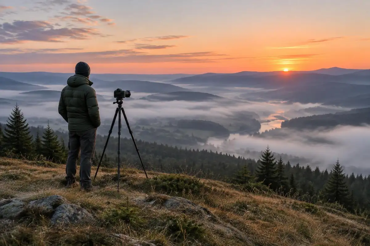 Photographer with a tripod on a low grassy hill waiting for sunrise color
