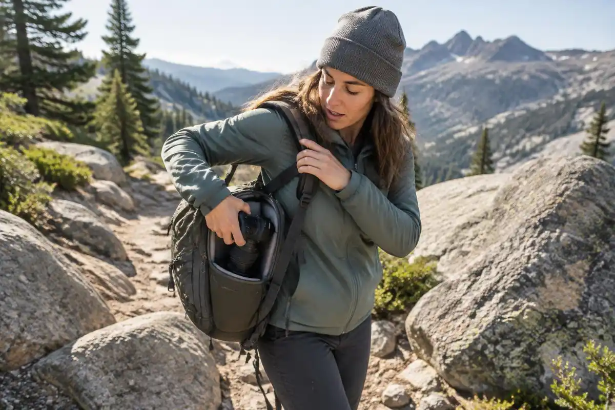 Hiker swinging a camera pack around to pull out a camera on a bouldery trail
