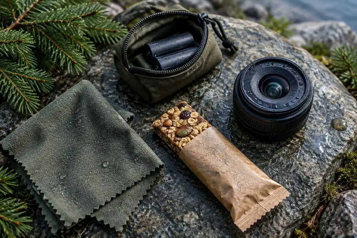 Camera lens cloth, spare batteries in a pouch and a snack bar on a rock