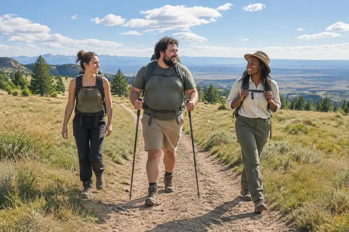 Wide trail through sunny grassland with a large-bodied hiker among friends walking easily