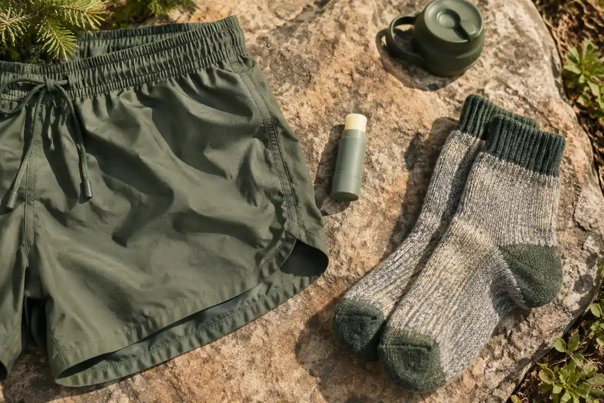 Anti-chafe balm stick and moisture-wicking shorts beside wool socks on a rock