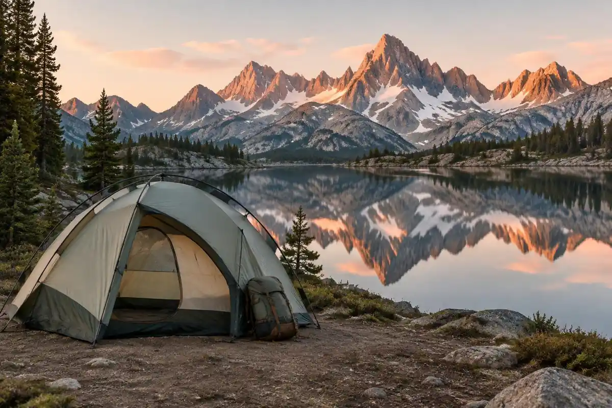 Sleek modern tent pitched beside an alpine lake with mirror reflections at dawn