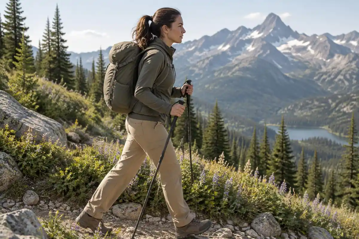 Hiker striding down a rocky trail with a lightweight structured pack sitting close and comfortable