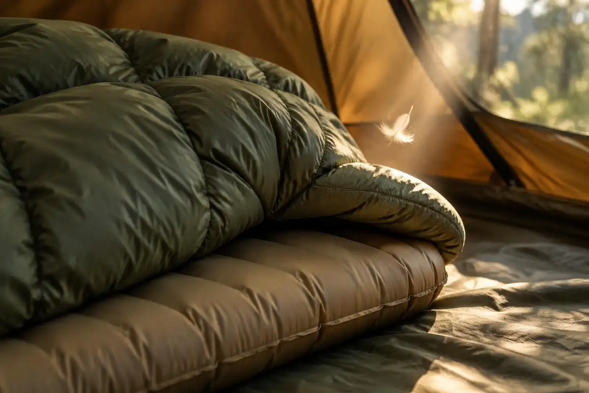 Puffy quilt and inflatable pad detail with visible fine stitching and down clusters