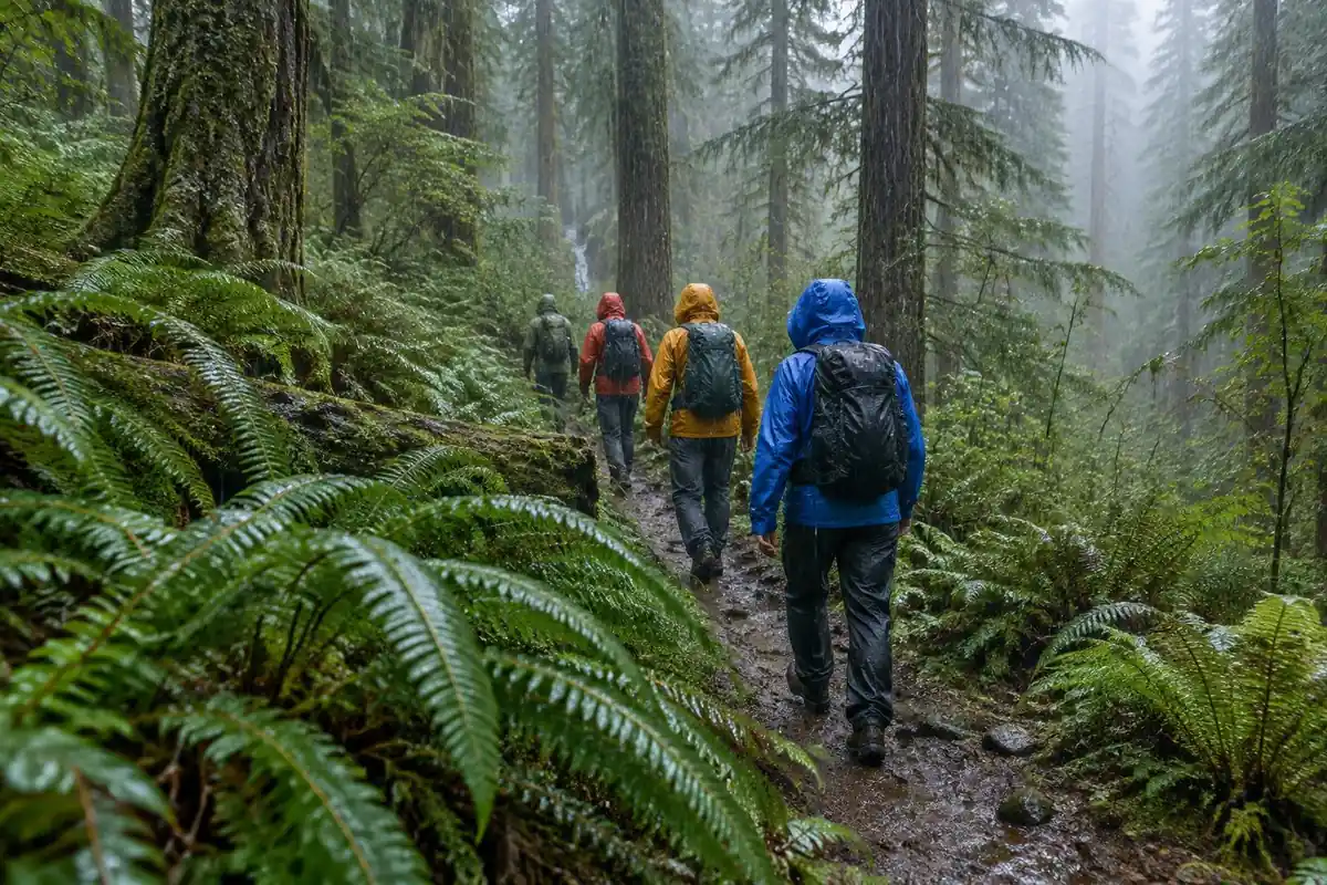 Forest trail in steady rain with a small group under hoods and mist among ferns