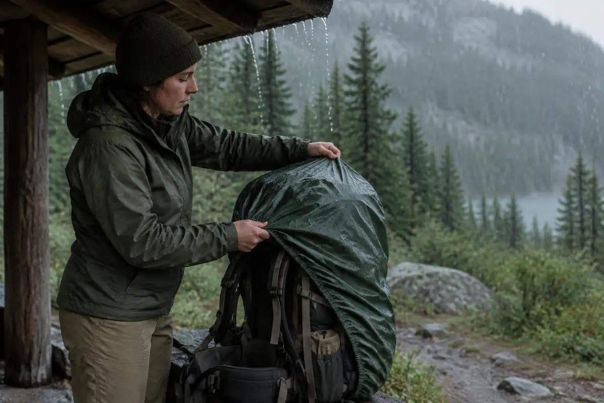 Hiker pulling a pack rain cover over a loaded pack at a trail shelter roof edge