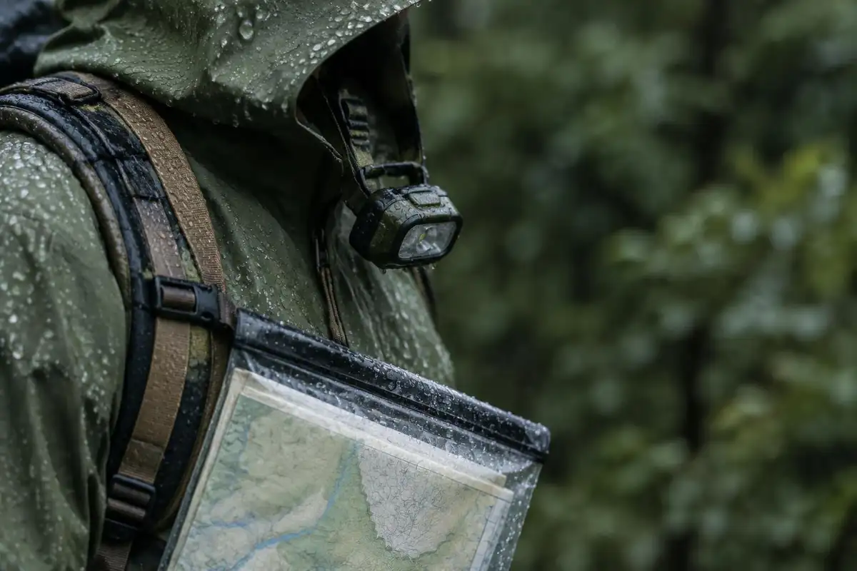 Wet trail map in a clear sleeve and a headlamp hanging from a rain hood