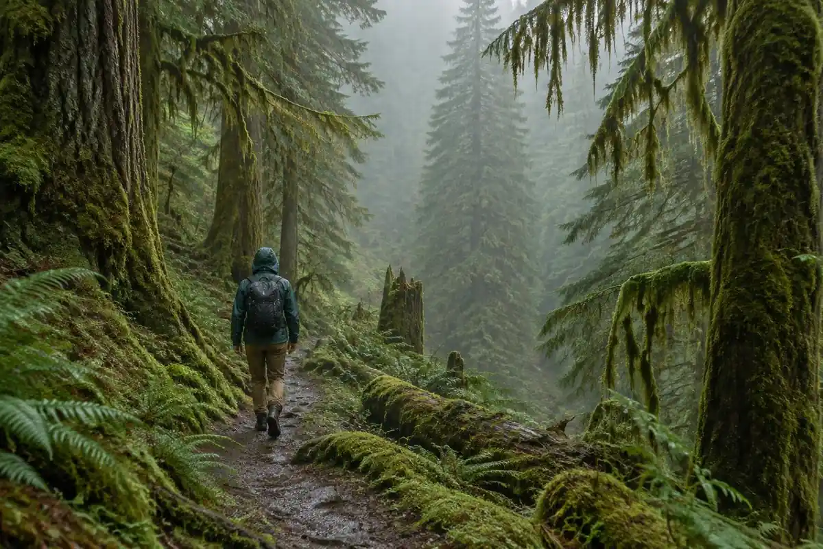 Hiker in a rain shell walking a moss-hung forest in steady rain