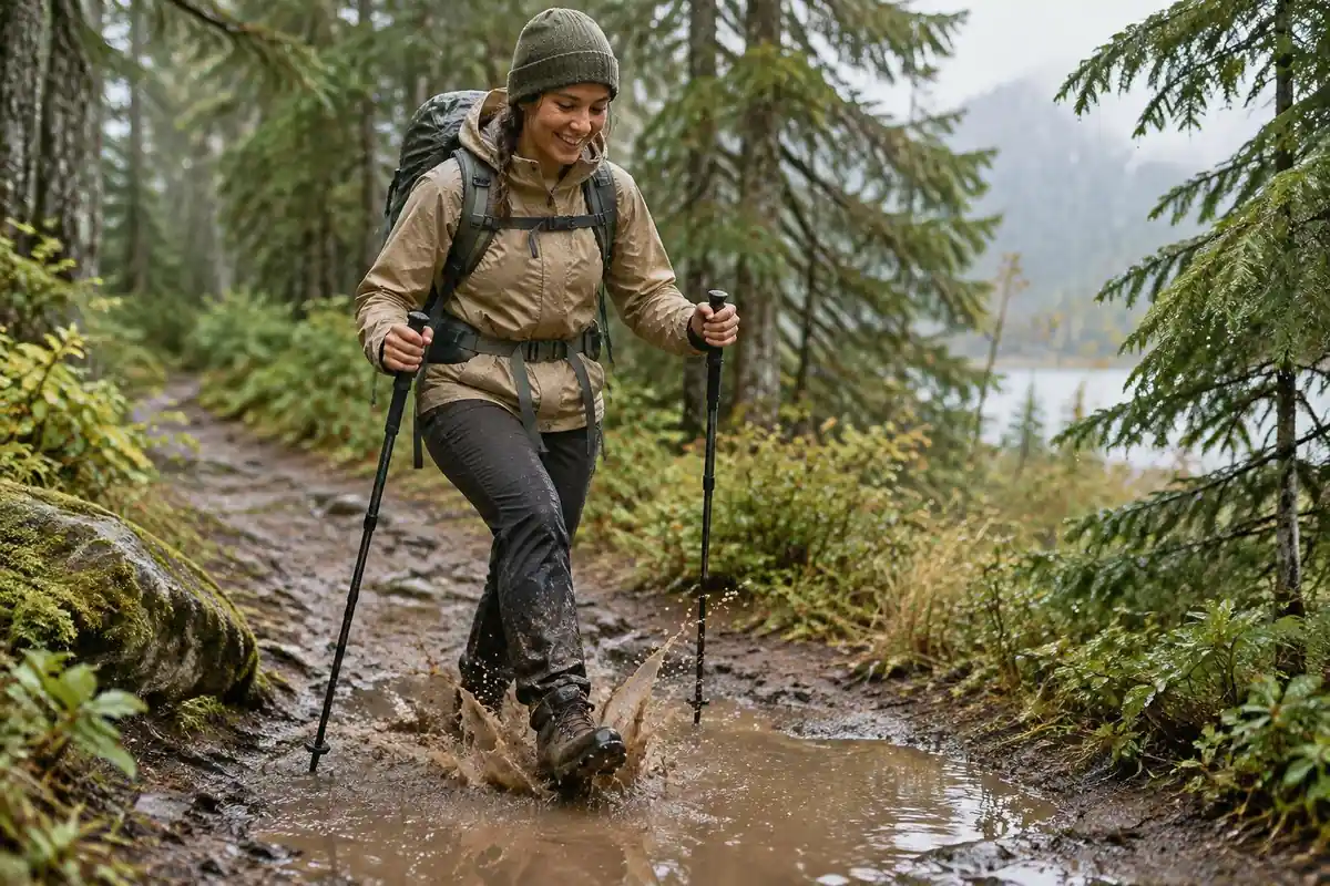 Hiker stepping through a muddy puddle in waterproof boots and gaiters