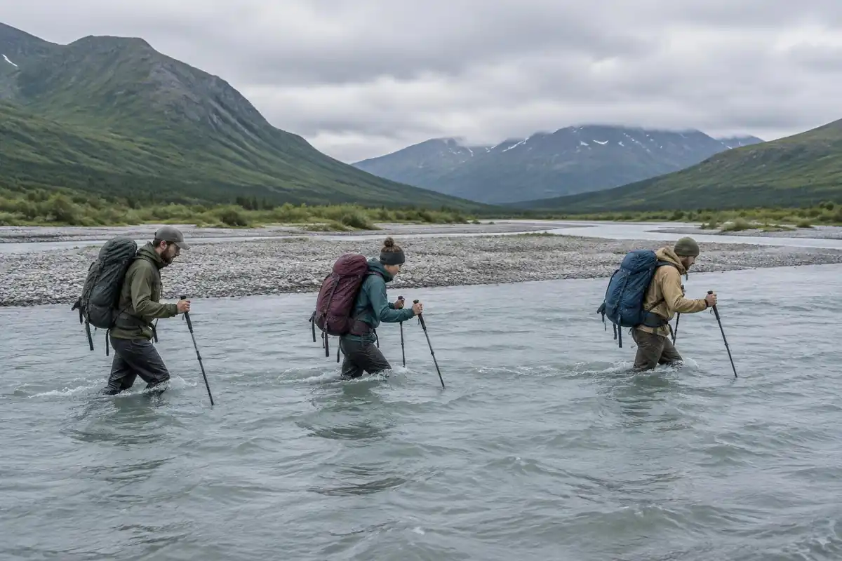 Braided shallow river with hikers wading in a line across gravel bars