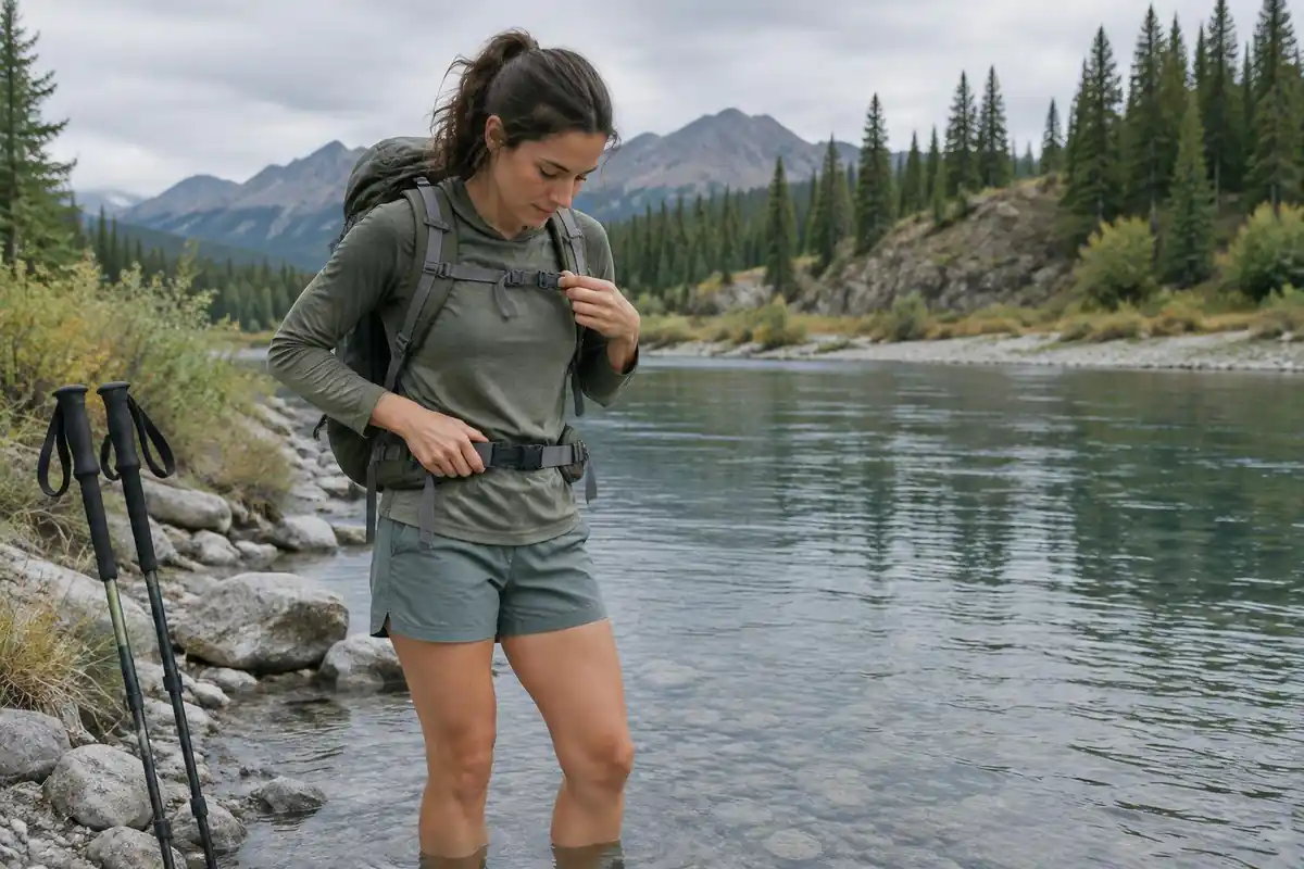 Hiker unclipping pack hip belt before stepping into a knee-deep ford