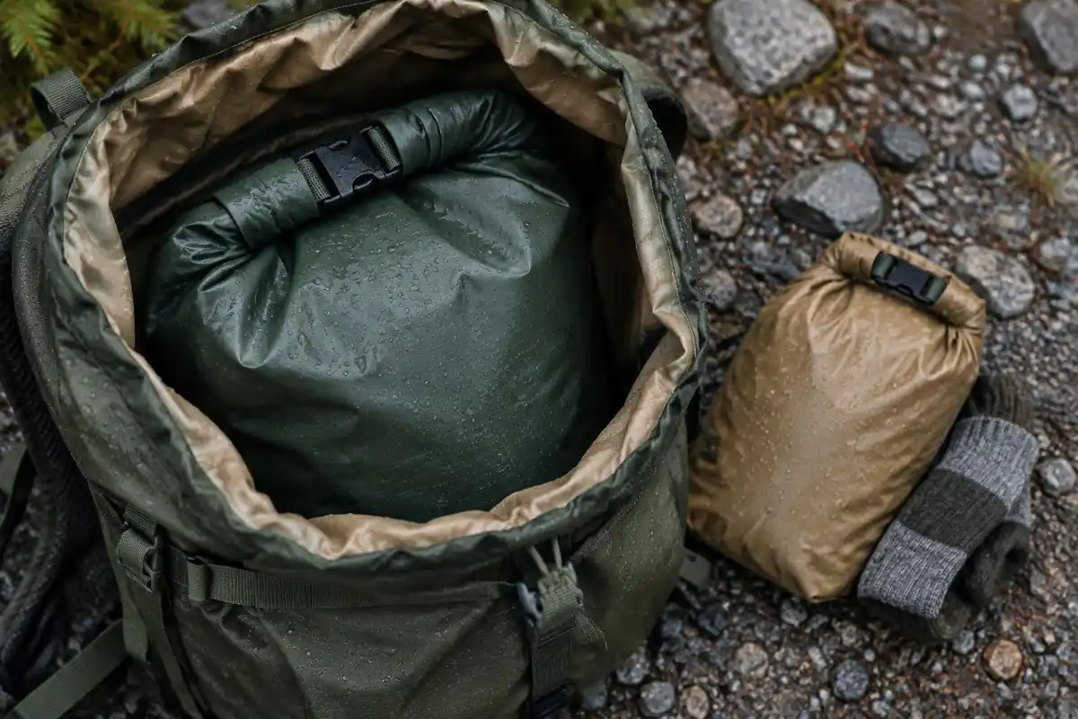 Rolled-top pack liner sealed inside an open pack beside a small dry bag